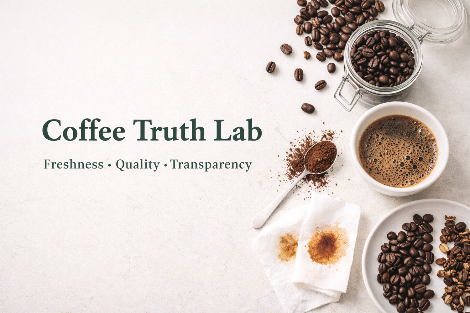 Coffee beans quality test at home with bowl of water, fresh roasted coffee beans and grounds showing freshness experiments