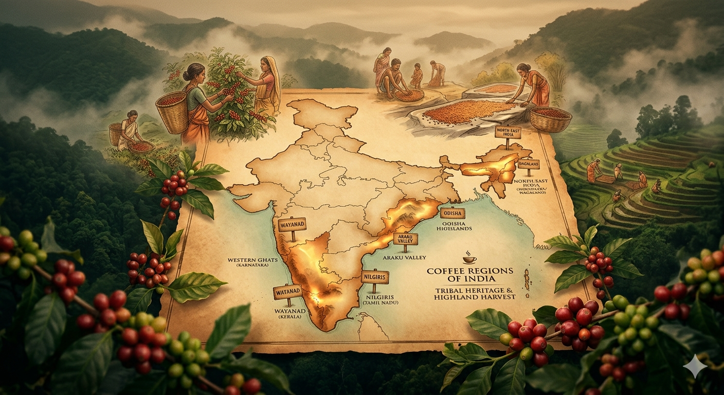 An editorial-style map of India highlighting six major coffee-growing regions including the Western Ghats and Araku Valley, decorated with coffee branches and tribal farming scenes.